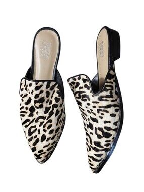 Bleeker & Bond Calf Hair Leopard-Print Studded Pointed Toe Mules Simone 8.5
